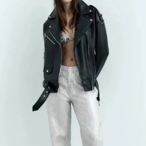 NEW Zara Oversized Black Leather Moto Jacket Women's Coat Size Medium